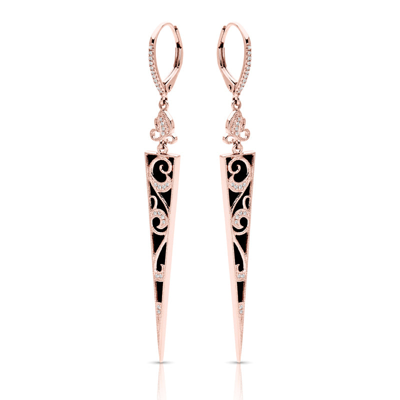 ROSE GOLD ONYX AND DIAMOND DROP EARRINGS