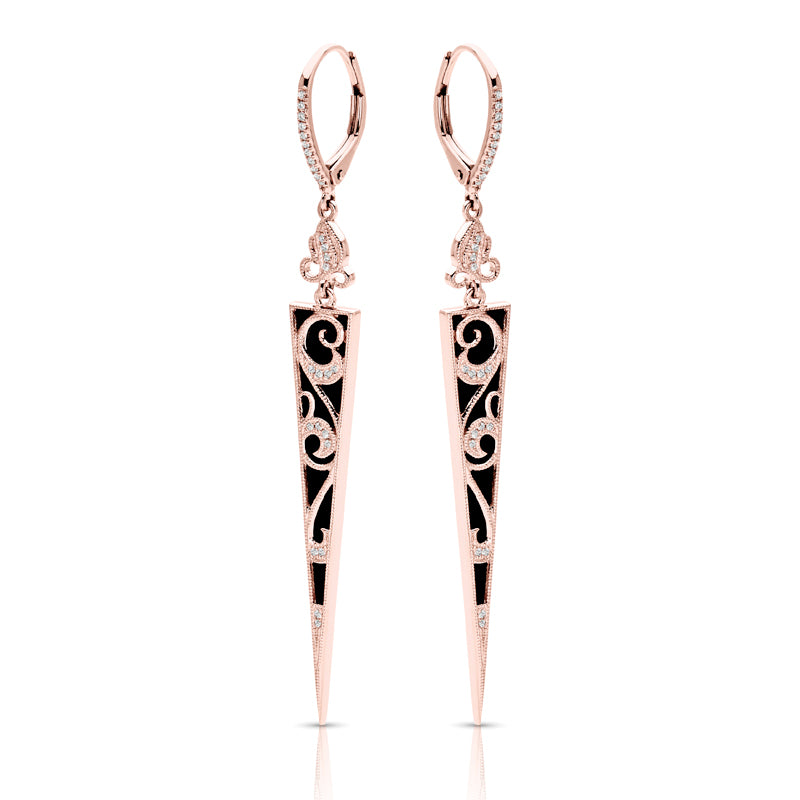ROSE GOLD ONYX AND DIAMOND DROP EARRINGS